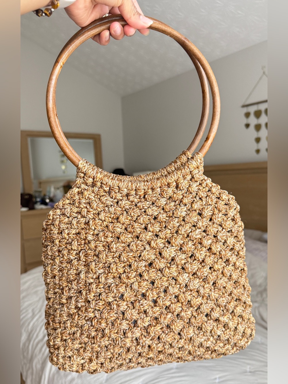 Handwoven Tan Crochet Tote Bag with Wooden Handles